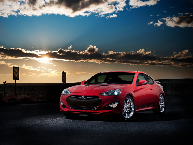Red Coupe Car — Dramatic, Sunset