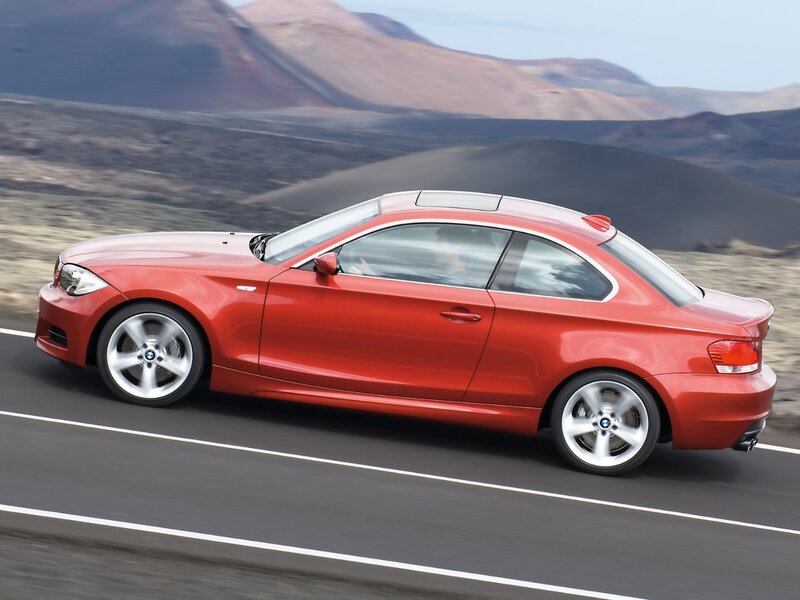 Red Coupe Car — Dynamic, Afternoon, Photograph, Road, Mountains