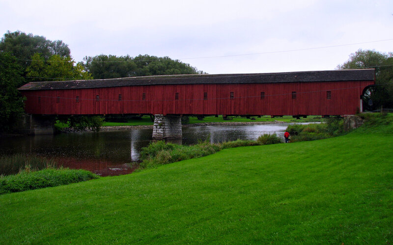 Red Covered Bridge — Green, Serene, Afternoon, Photograph, River