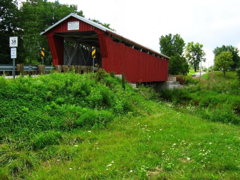Red Covered Bridge — Green, Serene, Afternoon, Photograph