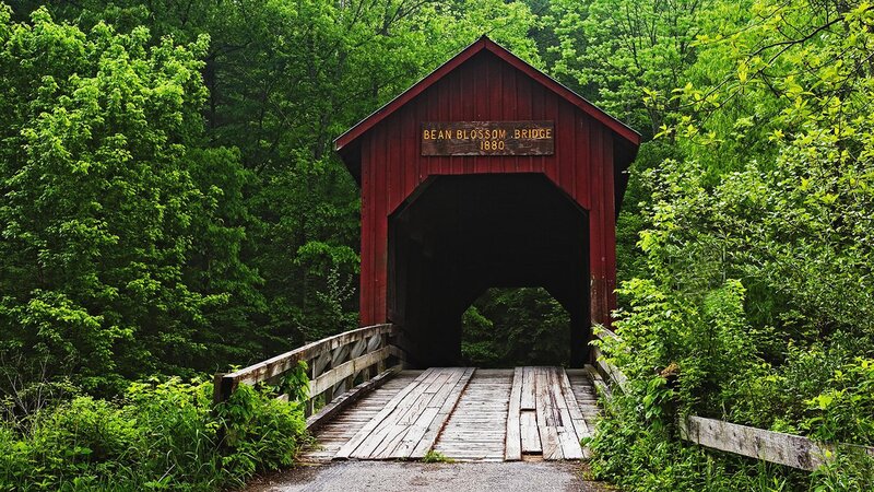 Red Covered Bridge — Green, Serene, Summer, Photograph