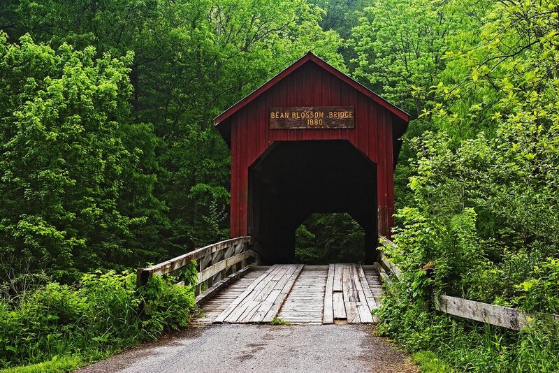 Red Covered Bridge — Green, Serene, Summer, Photograph, Wooden Planks, Trees