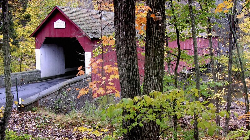 Red covered bridge in autumn forest