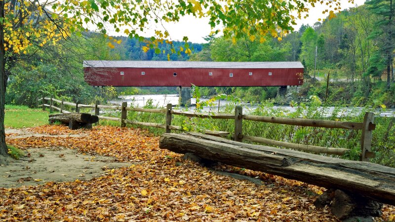 Red covered bridge in autumn