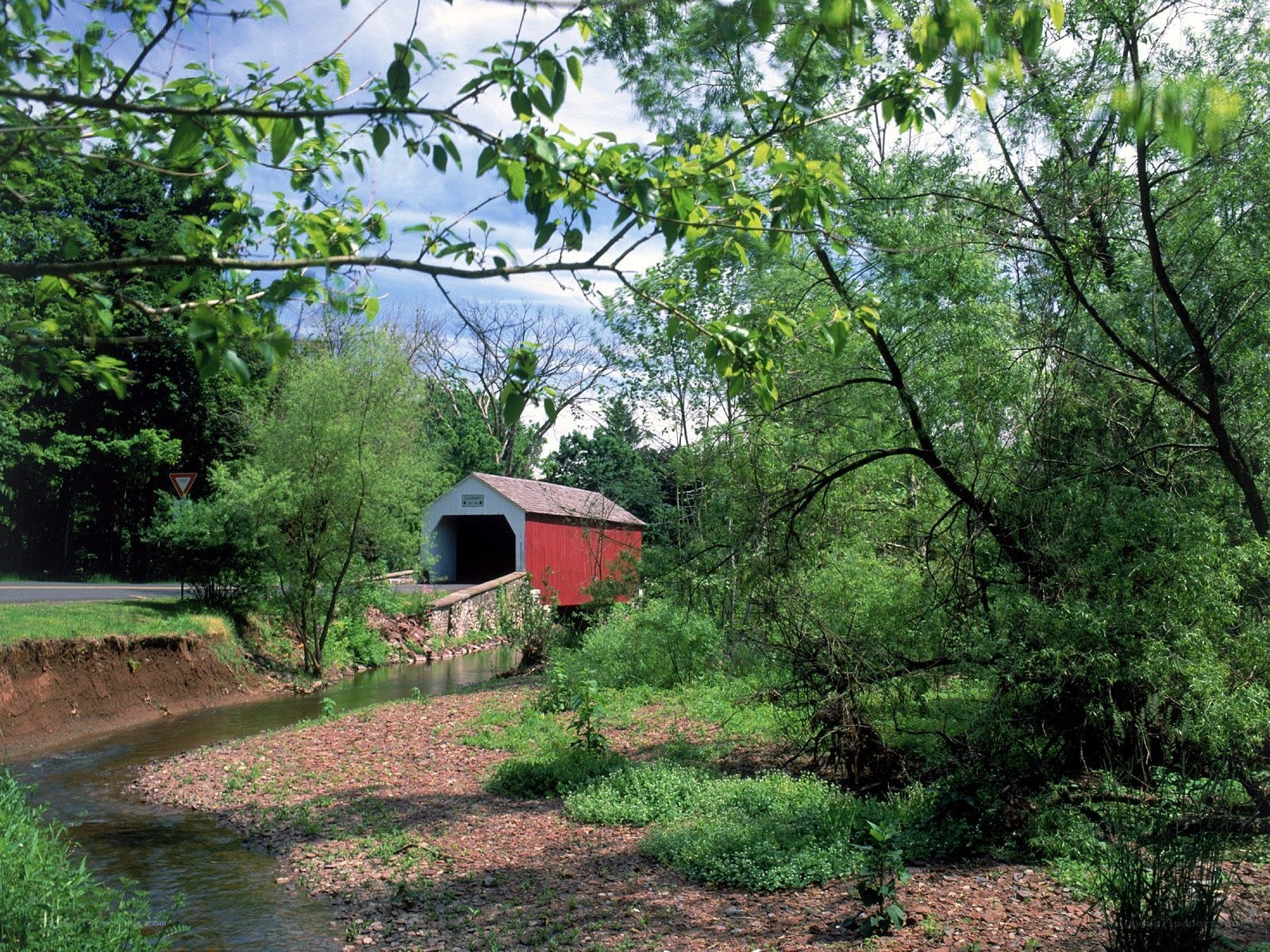 Red covered bridge in forest