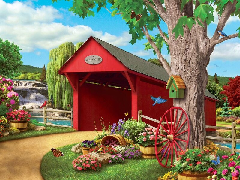 Red Covered Bridge — Serene, Afternoon, Illustration