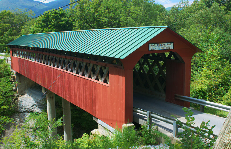 Red Covered Bridge — Serene, Afternoon, Photograph, Green Roof