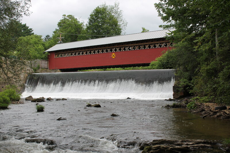 Red Covered Bridge — Serene, Afternoon, Photograph, River, Dam