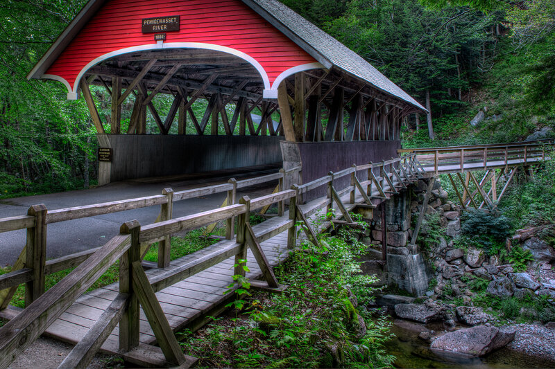 Red Covered Bridge — Serene, Afternoon, Photograph, River, Forest