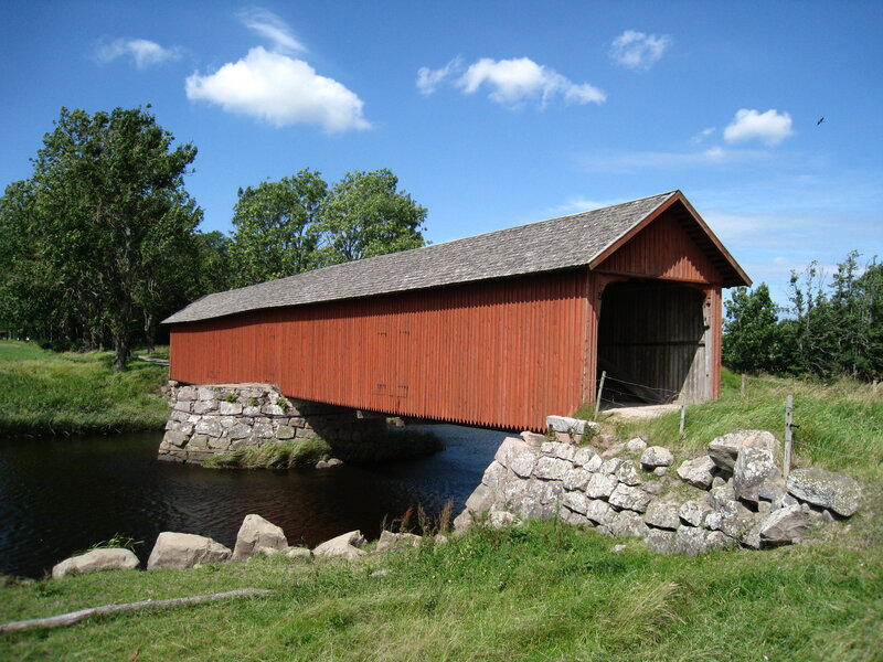 Red Covered Bridge — Serene, Afternoon, Photograph, River