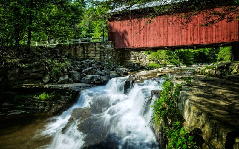 Red Covered Bridge — Serene, Afternoon, Photograph, River, Trees
