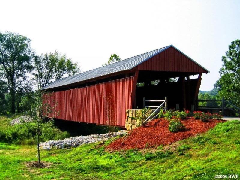 Red Covered Bridge — Serene, Afternoon, Photograph, Trees