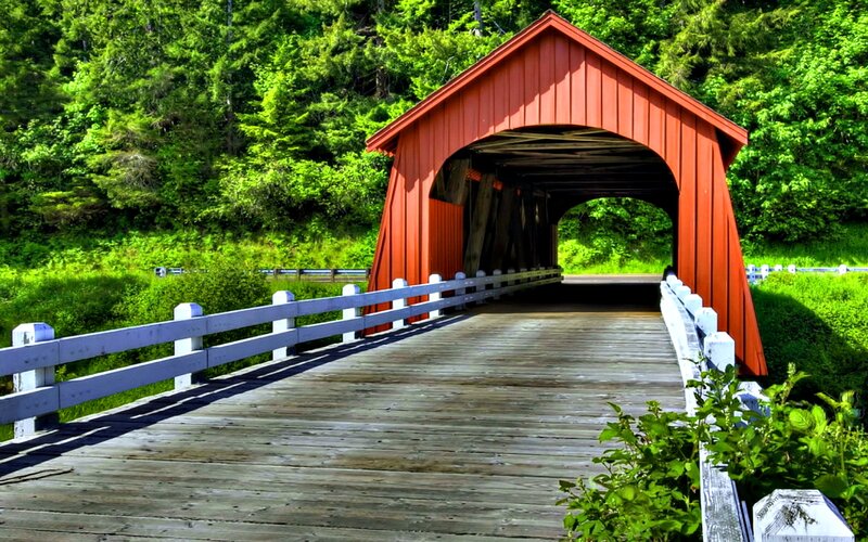 Red Covered Bridge — Serene, Afternoon, Photograph, Wooden Deck, White Railings