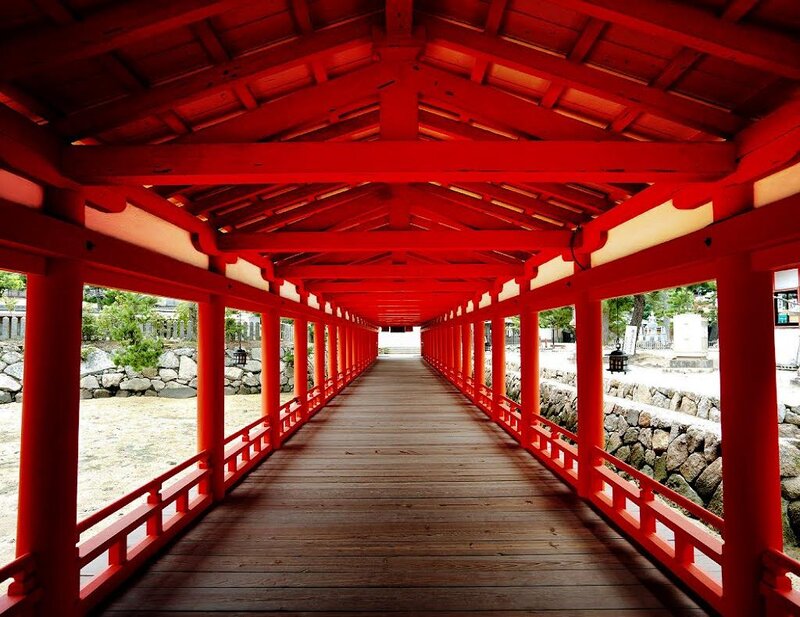 Red Covered Bridge — Serene, Afternoon, Photograph, Wooden Floor