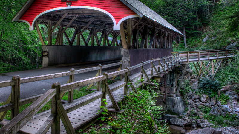 Red Covered Bridge — Serene, Afternoon, Photograph, Wooden Walkway