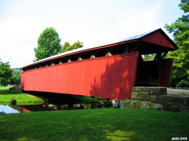 Red Covered Bridge — Serene, Afternoon