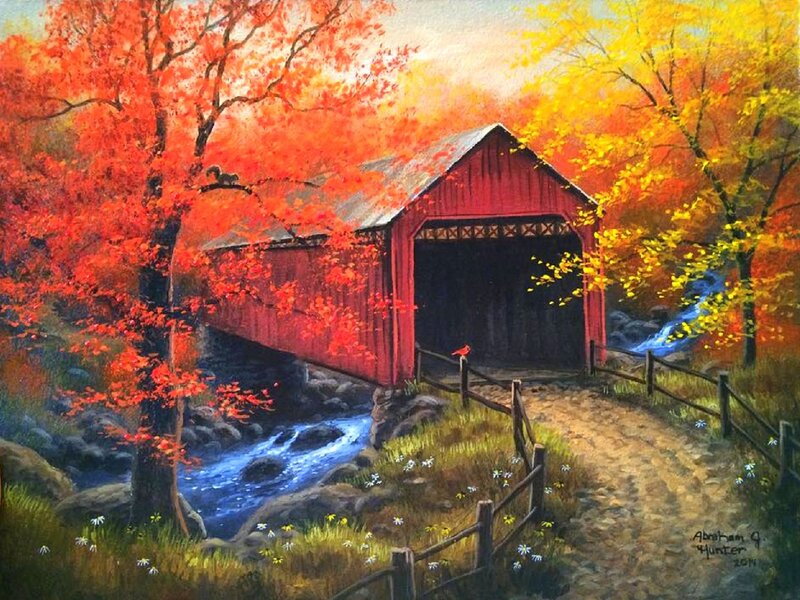 Red Covered Bridge — Serene, Autumn, Painting