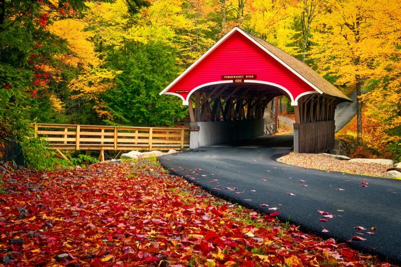 Red Covered Bridge — Serene, Autumn, Photograph, Autumn Leaves
