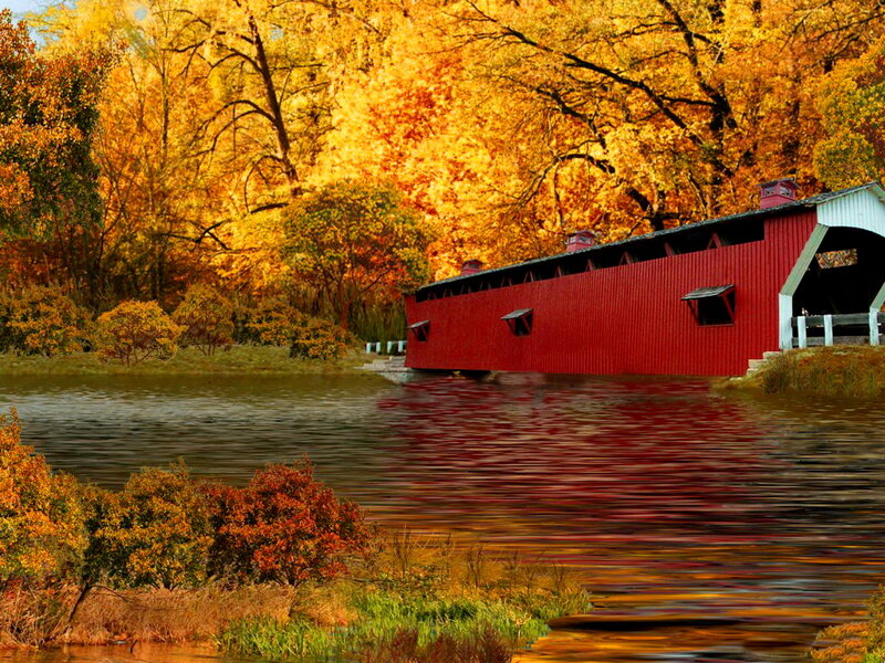 Red Covered Bridge — Serene, Autumn, Photograph, River