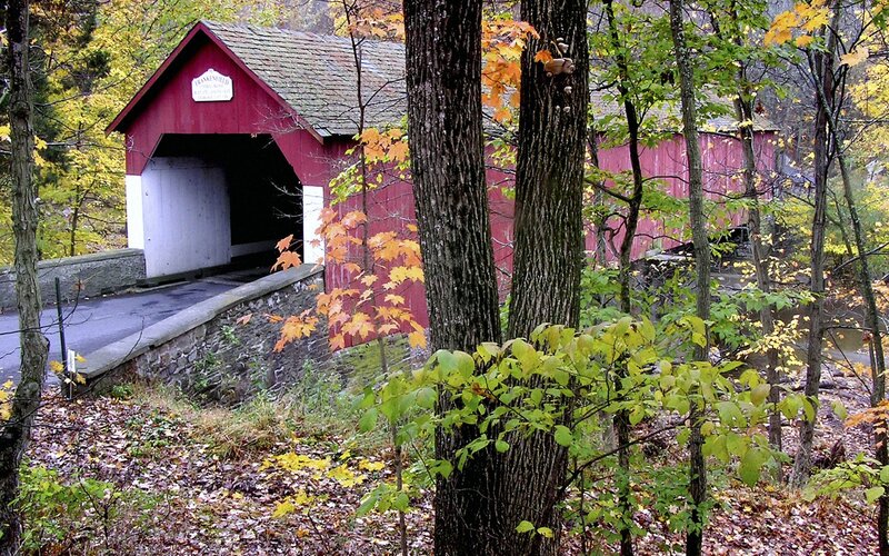 Red Covered Bridge — Serene, Autumn, Photograph