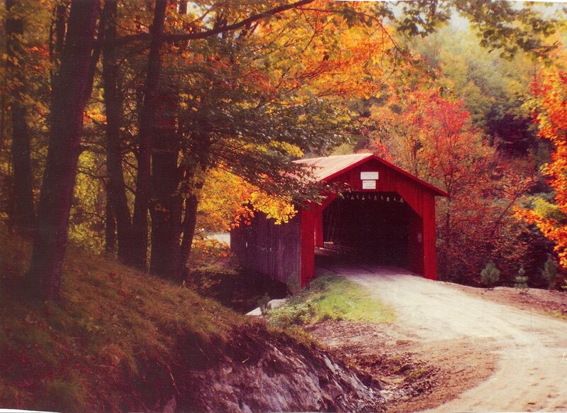 Red Covered Bridge — Serene, Autumn, Photograph, Trees, Autumn Leaves