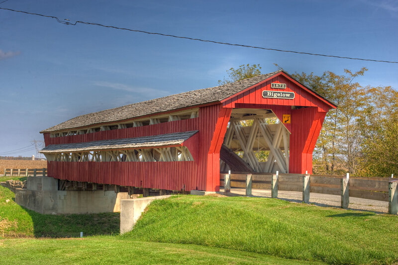 Red Covered Bridge — Serene, Autumn, Photograph, Trees, Grass