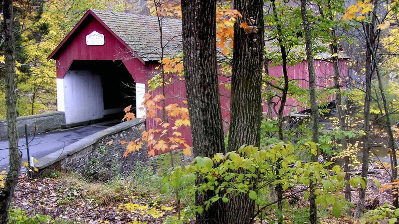 Red Covered Bridge — Serene, Autumn, Photograph, Trees