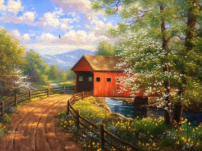 Red Covered Bridge — Serene, Spring, Painting
