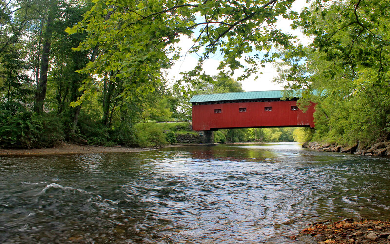 Red Covered Bridge — Serene, Summer, Photograph