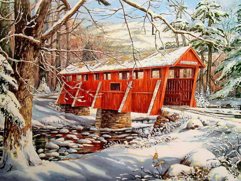 Red Covered Bridge — Serene, Winter, Painting, Snow