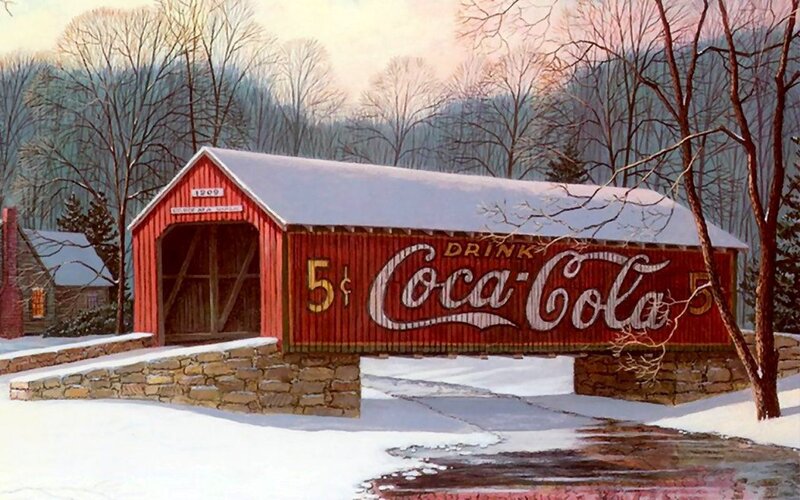 Red Covered Bridge — Serene, Winter, Painting