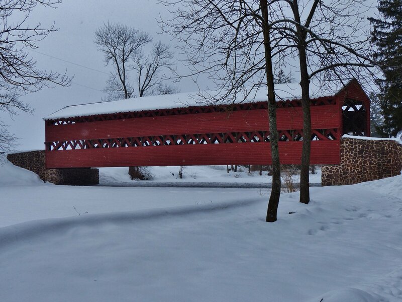 Red Covered Bridge — Serene, Winter, Photograph, Snow
