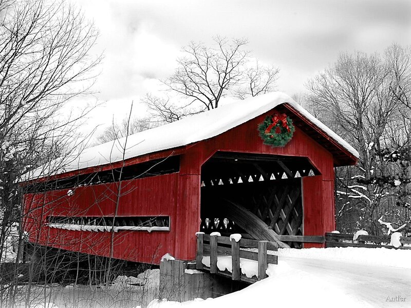 Red Covered Bridge — Serene, Winter, Photograph, Snow, Wreath