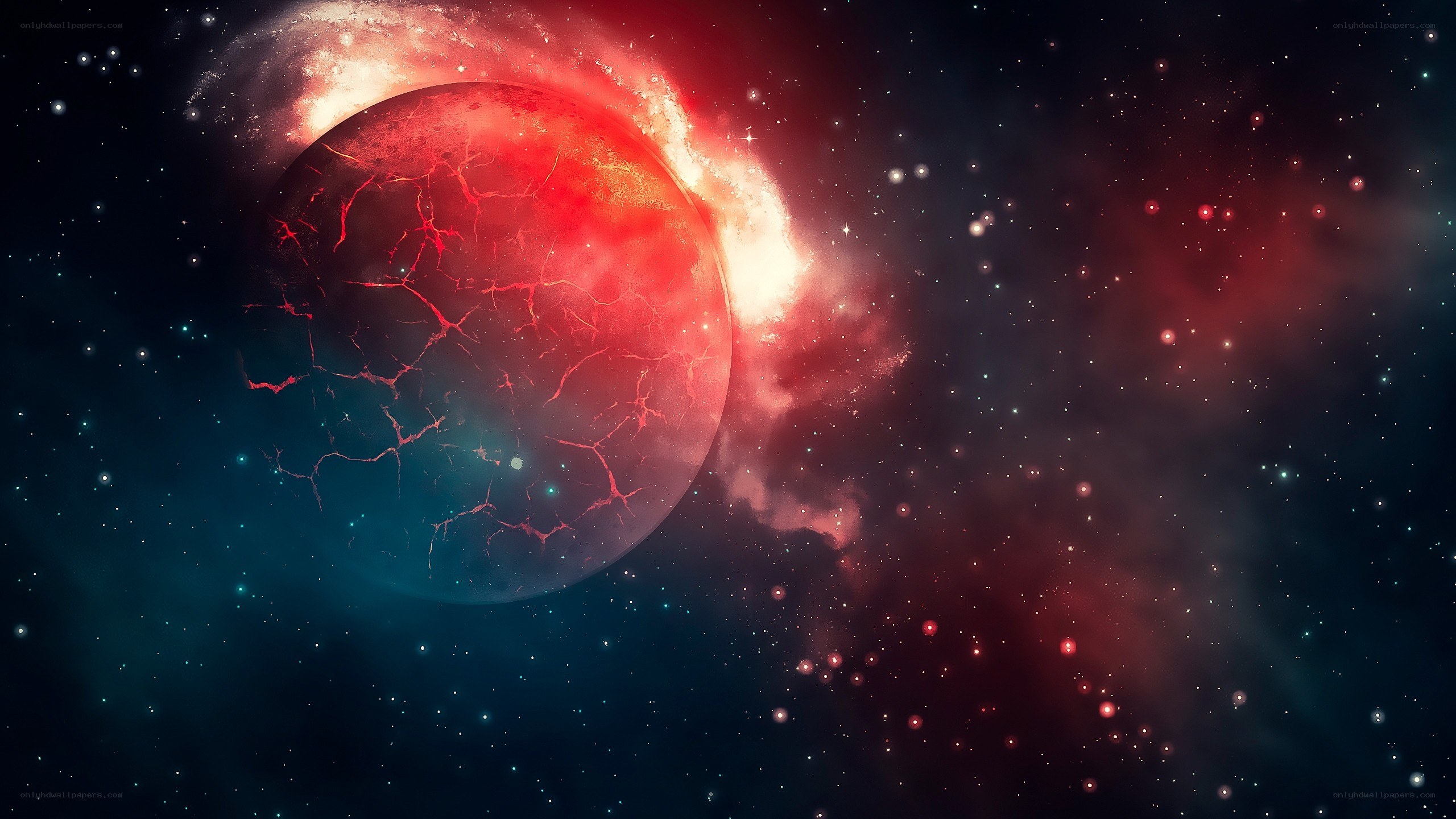 Red cracked planet in space