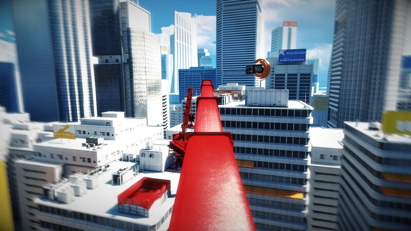 Red crane in cityscape