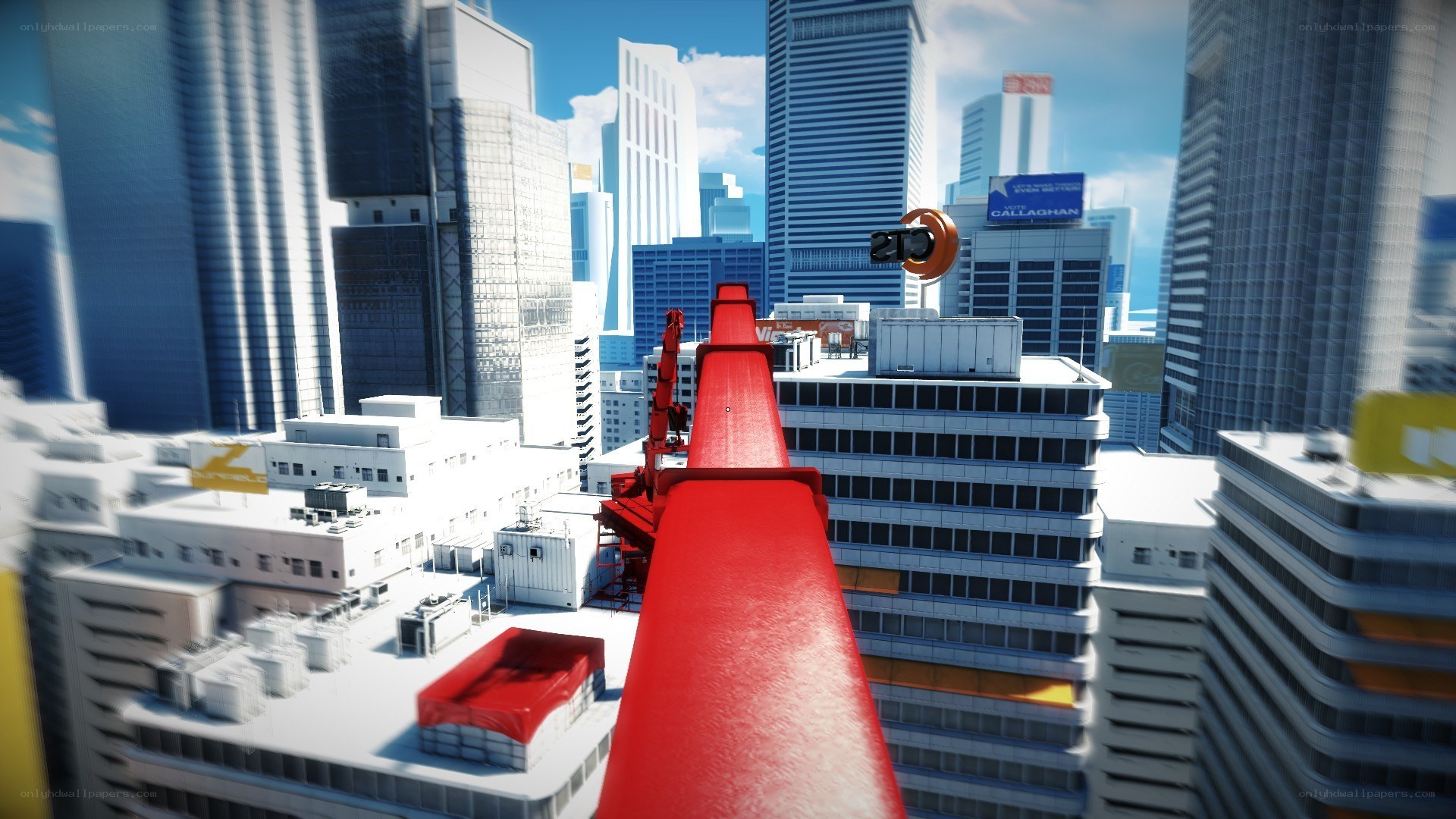 Red crane in cityscape