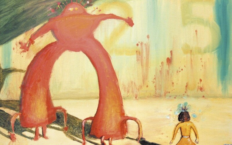 Red creature and small figure