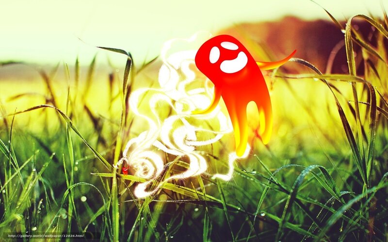 Red creature in grass field