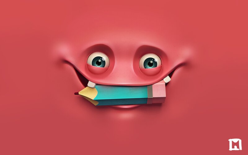 Red Creature with Pencil — Playful, Digital Art