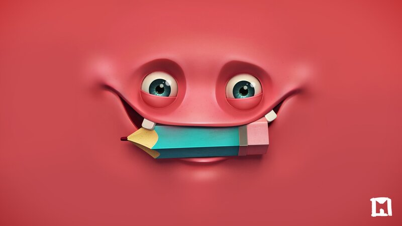 Red Creature with Pencil — Playful