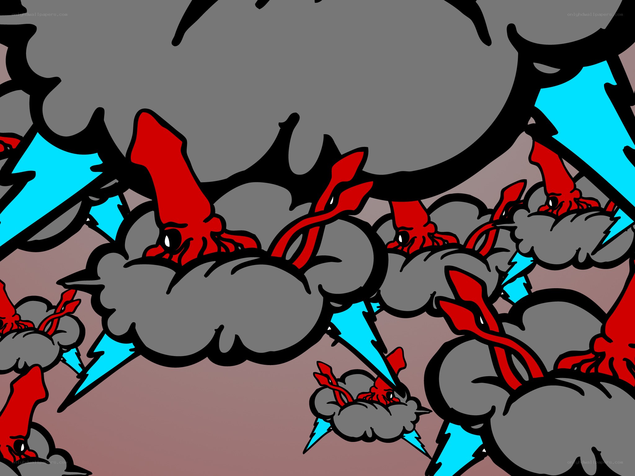 Red creatures in storm clouds