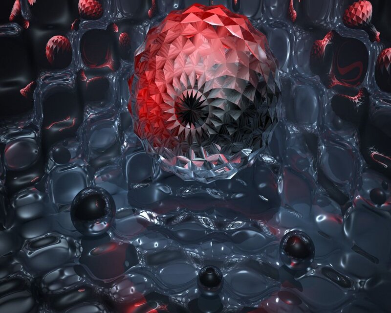 Red crystal sphere in dark liquid