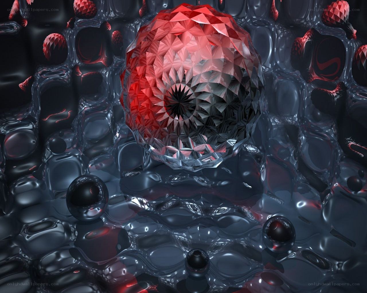 Red crystal sphere in dark liquid