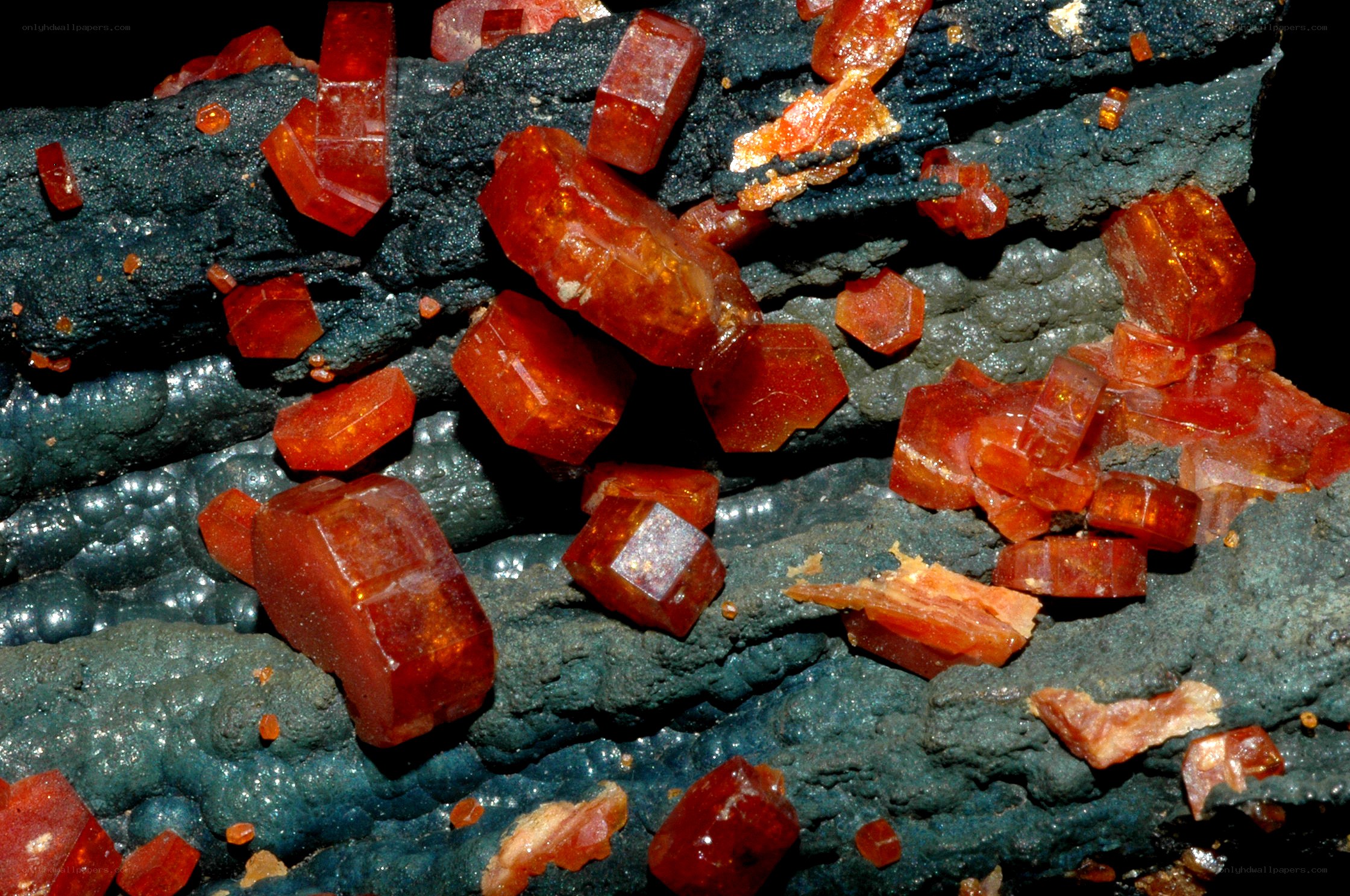 red crystals on dark rock