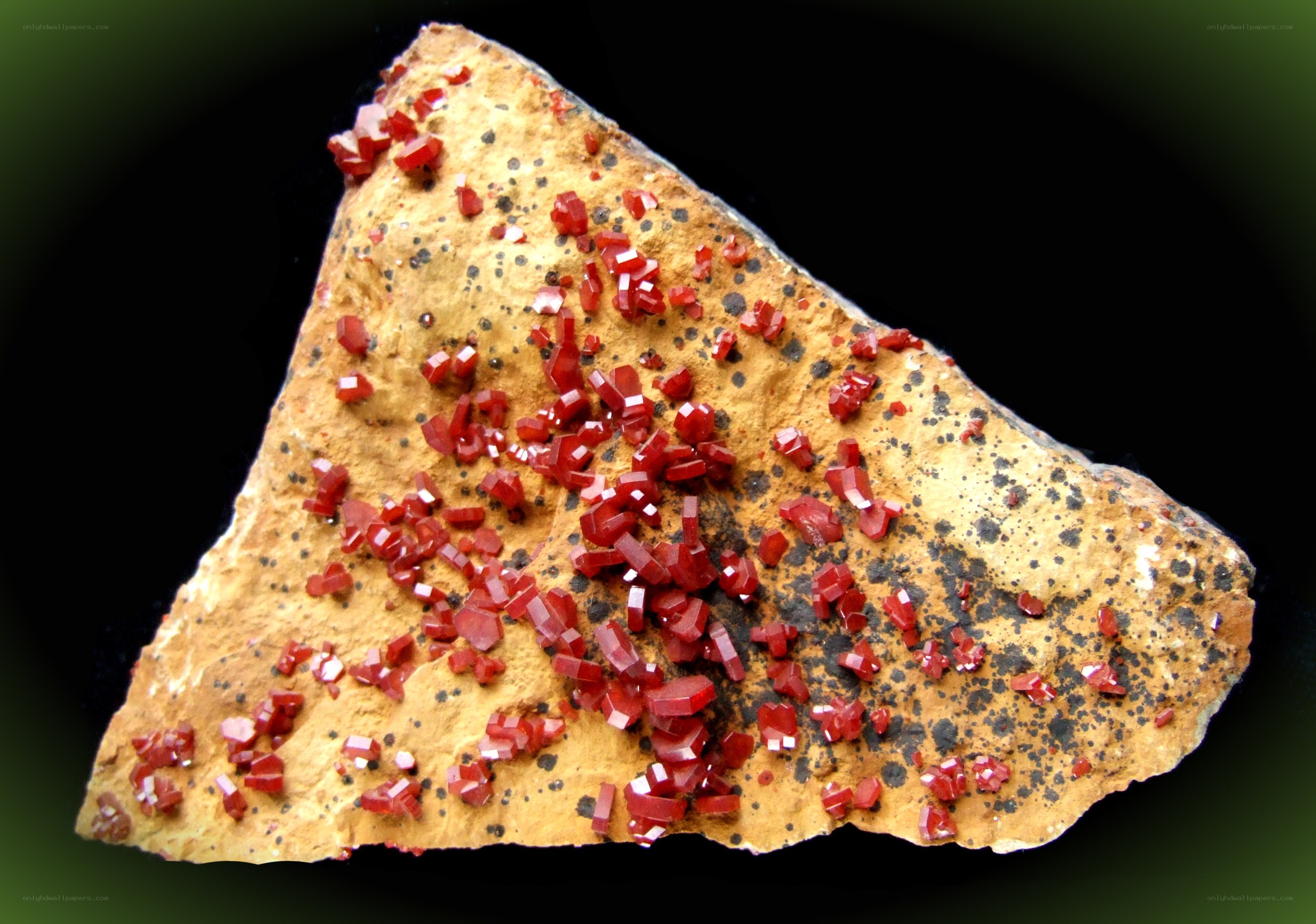 Red crystals on rock specimen