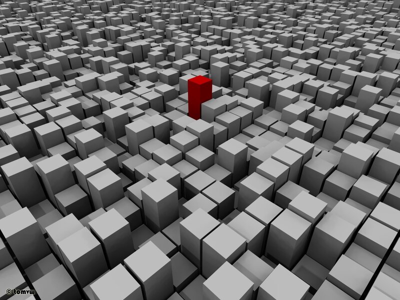 Red cube in a sea of gray