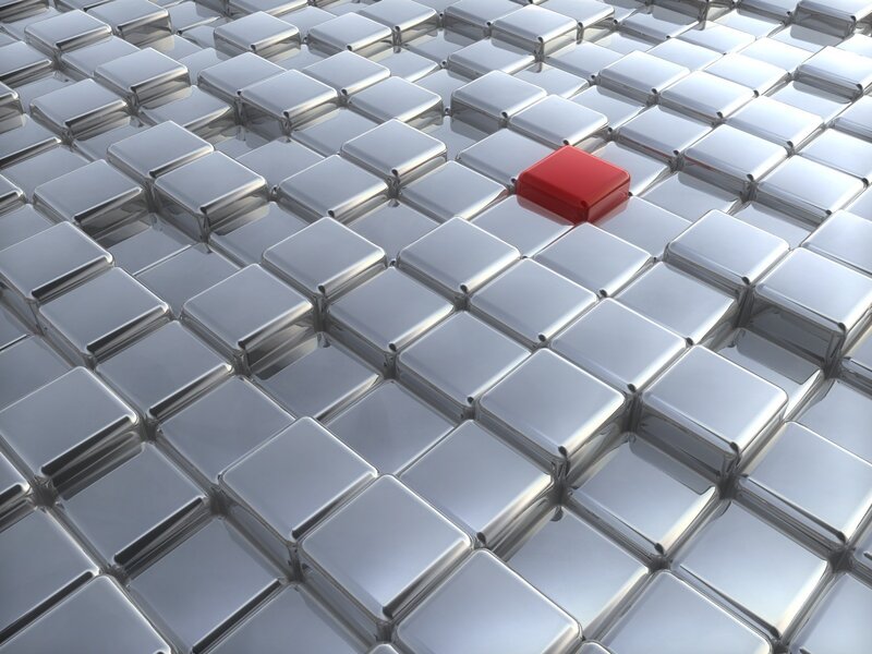Red Cube on Silver Tiles — Neutral
