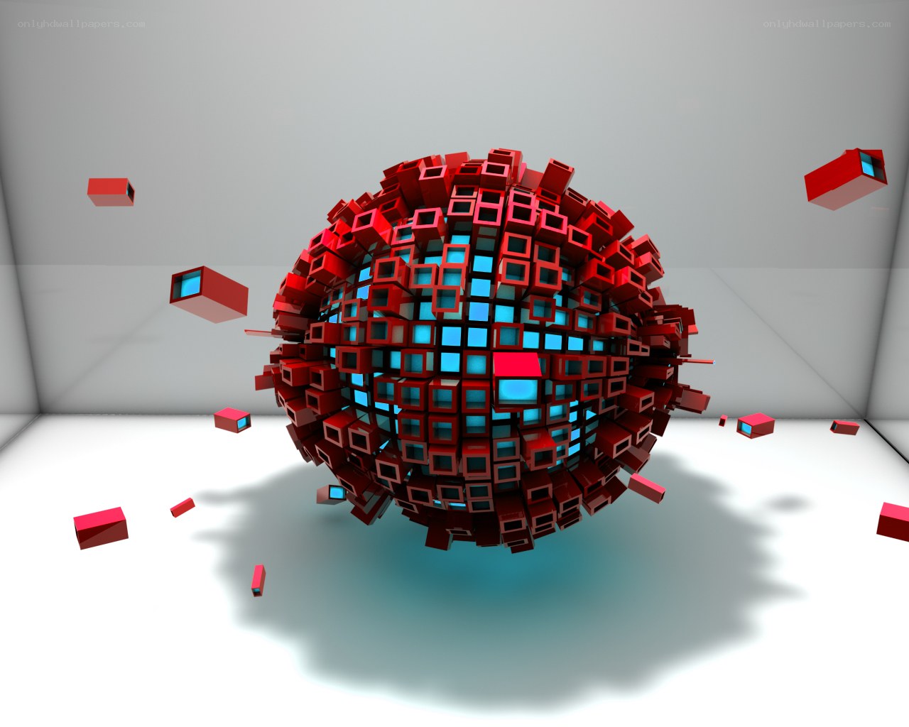 Red cube sphere in white room