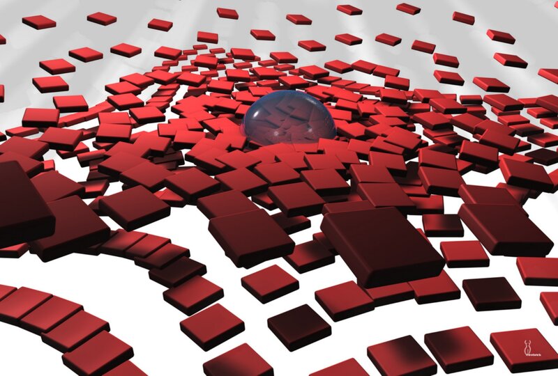 Red cubes and a glass sphere