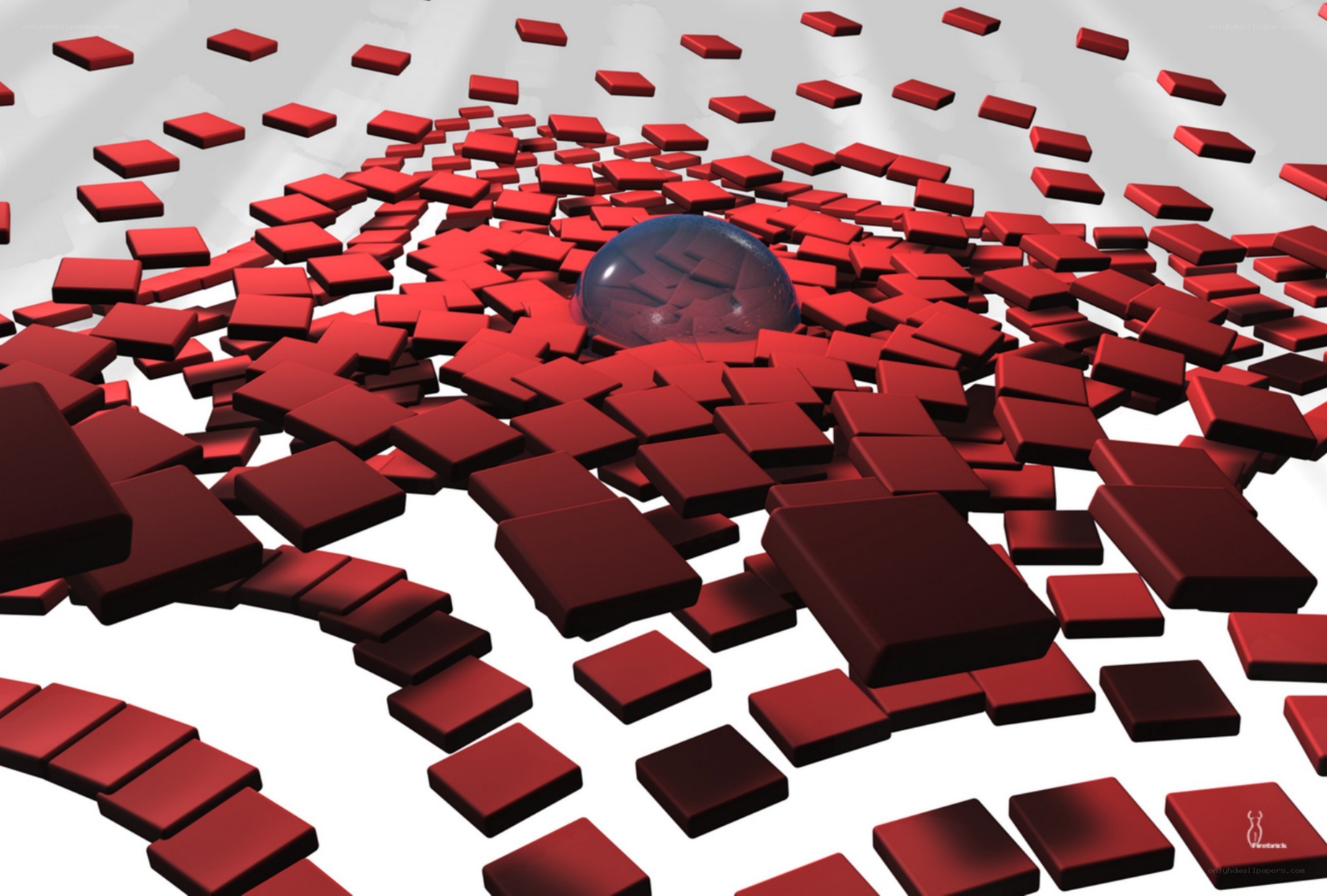 Red cubes and a glass sphere